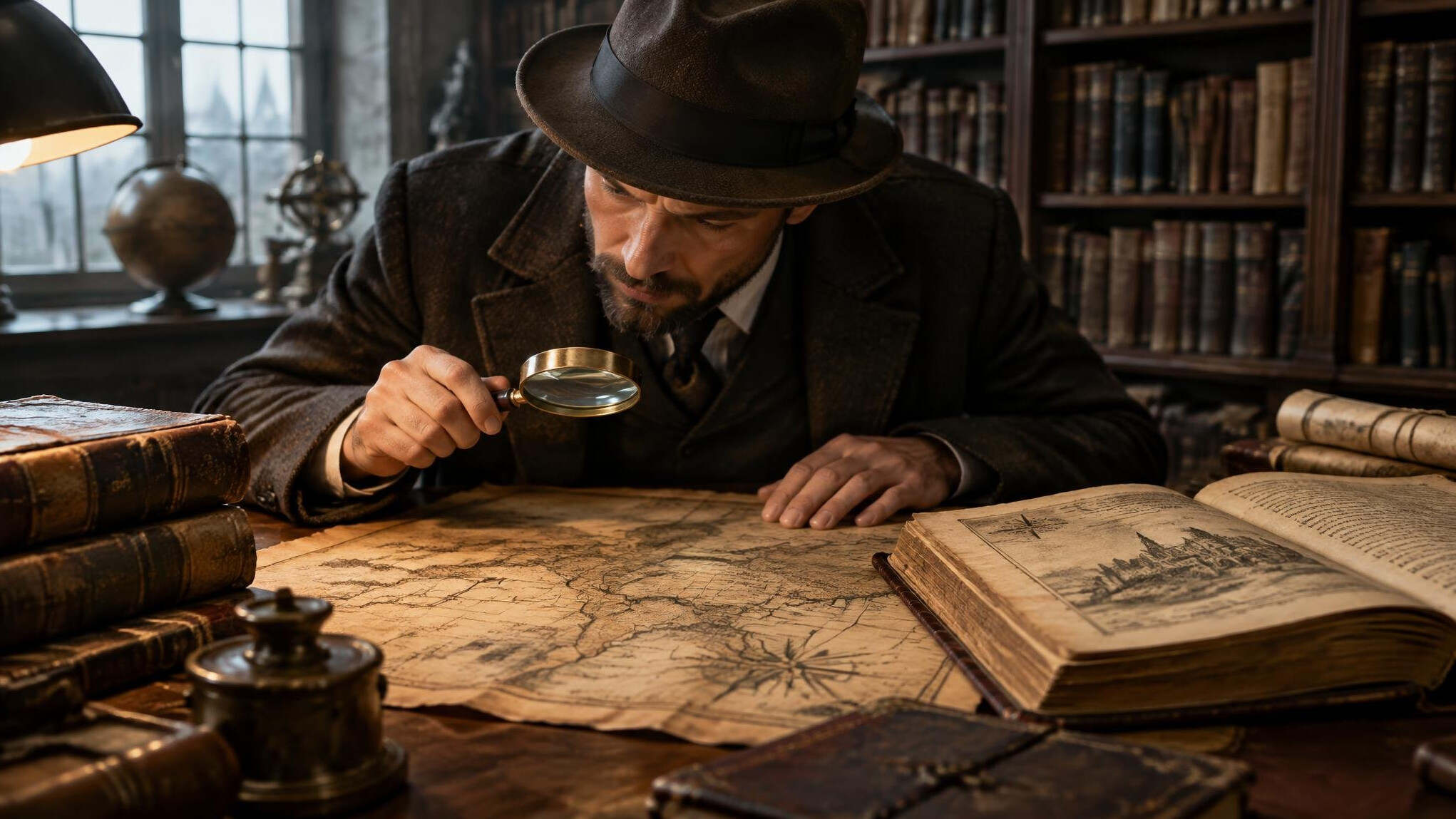 detective examining old map