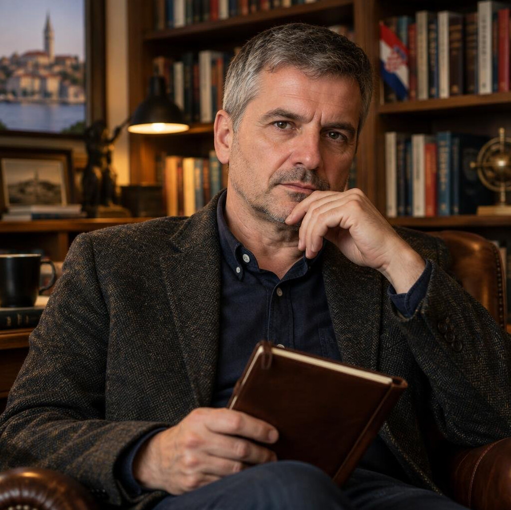 Portrait of a Croatian male crime novelist in his fifties sitting in a book-lined study, wearing a tweed jacket, holding a notebook