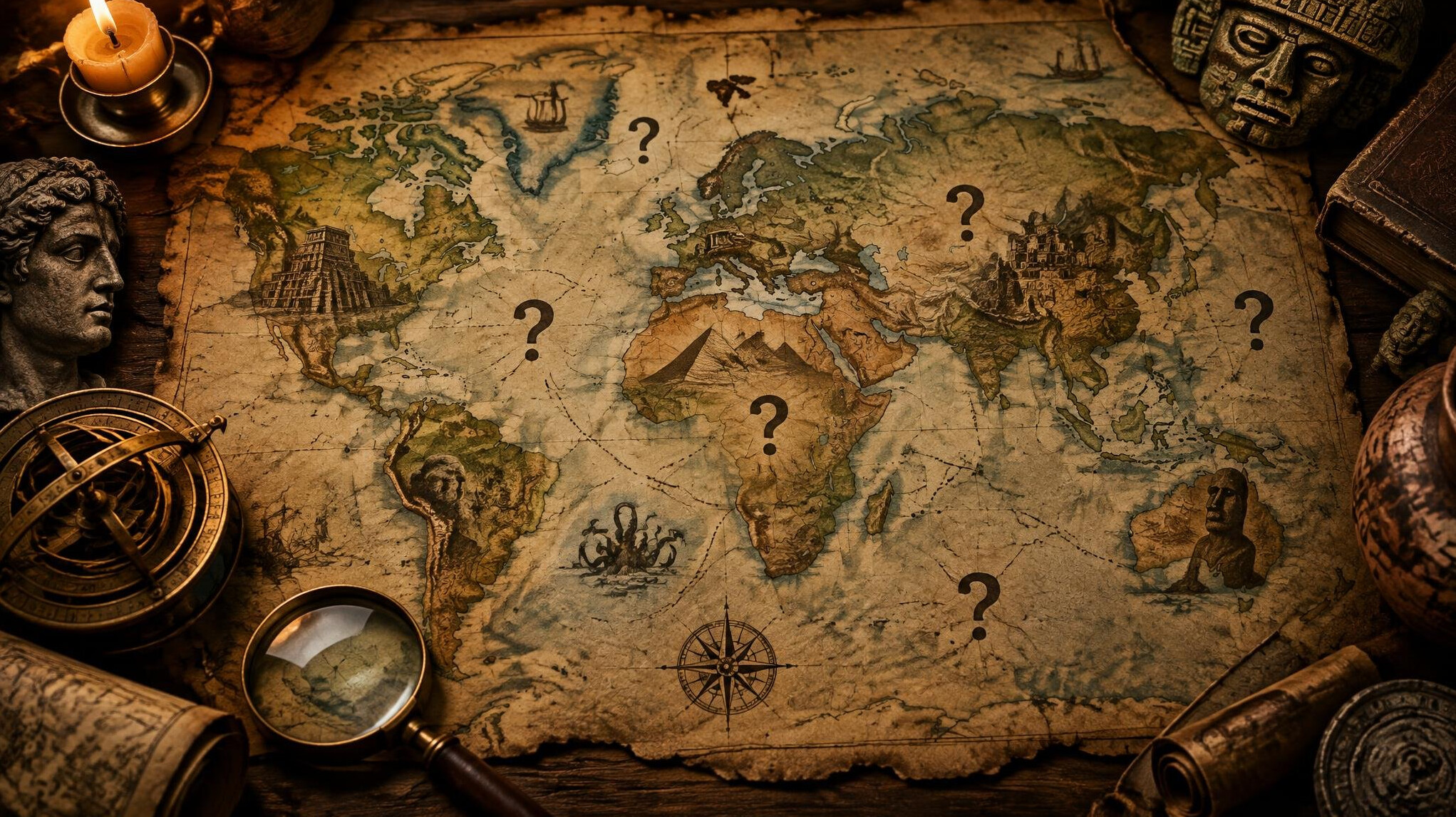 mysterious world map with question marks