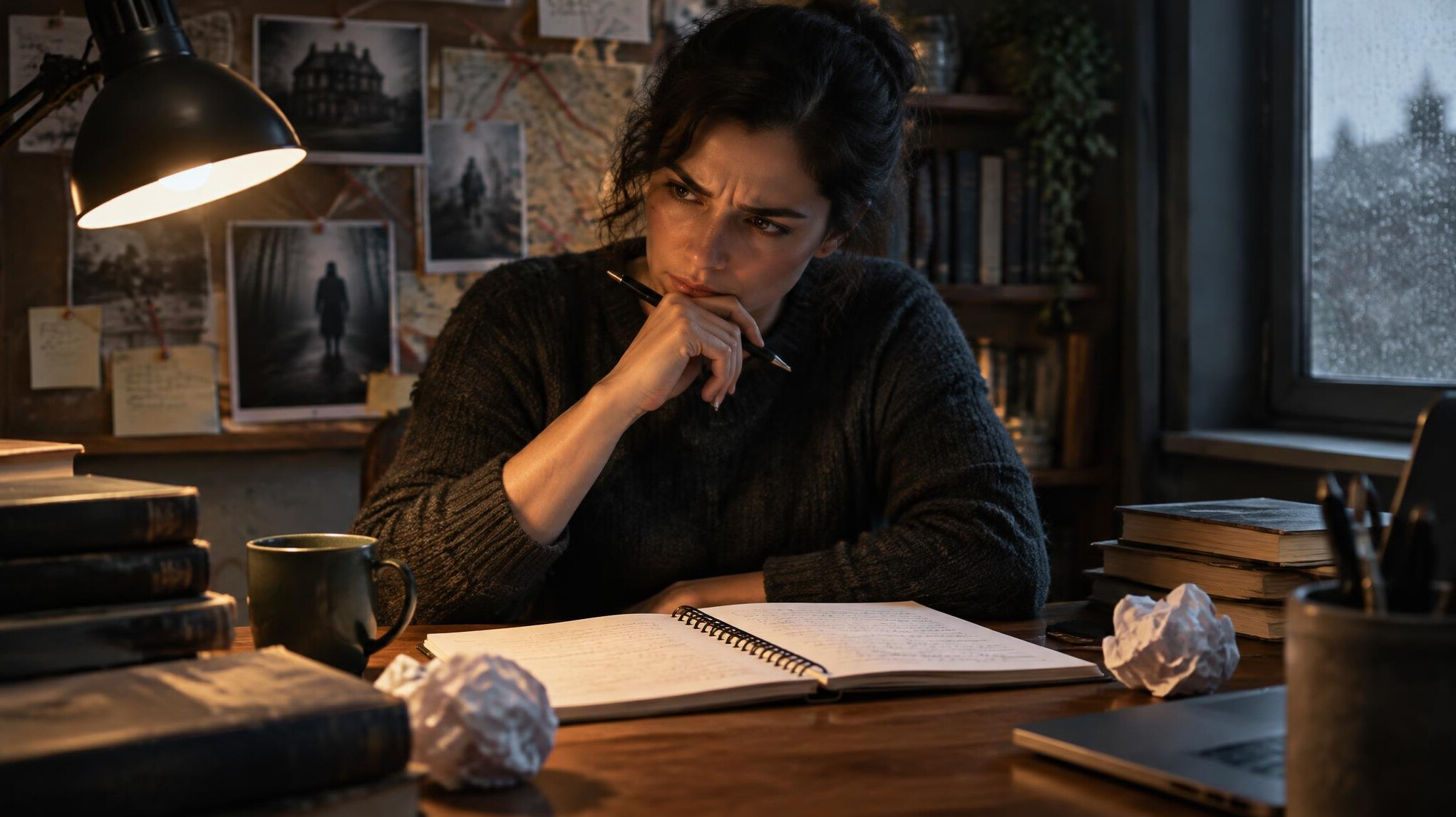 writer at desk with notebook