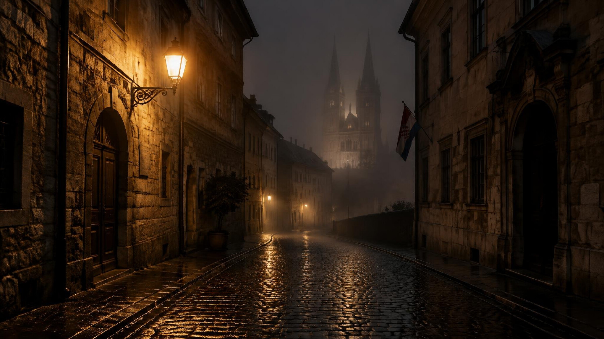 Foggy cobblestone street in Zagreb's old town at night lit by a single streetlamp, noir mystery atmosphere